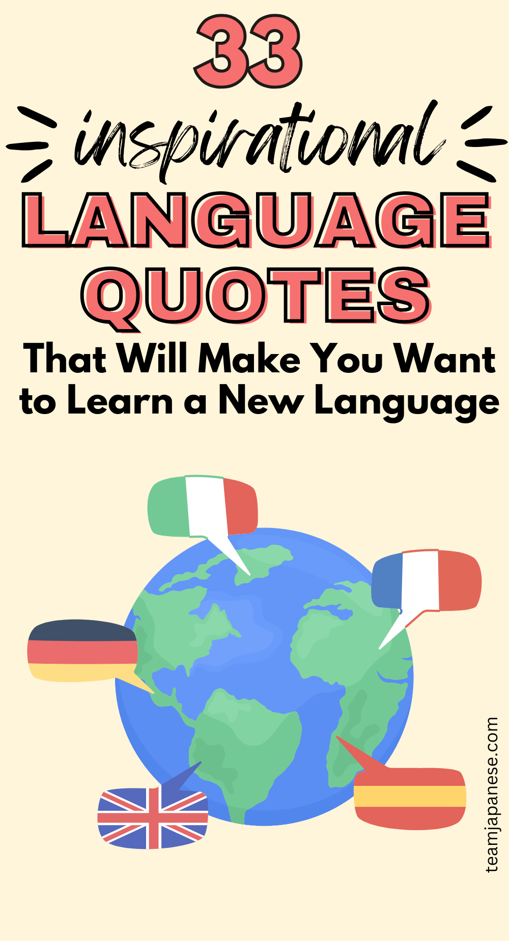 Illustration of Earth with speech bubbles showing German, British, French, and Spanish flags; text reads "33 inspirational quotes about language learning that will make you want to learn a new language.