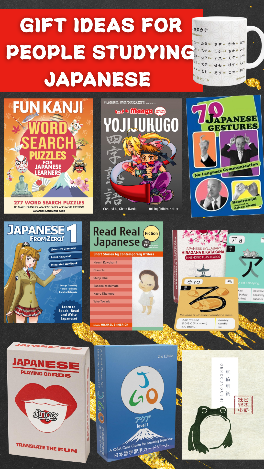 A collage of Japanese books, games, and a mug showcasing Japanese language learning materials, puzzles, and study tools under the title "Gift Ideas for People Studying Japanese"—perfect inspiration for thoughtful gift ideas for people studying Japanese.