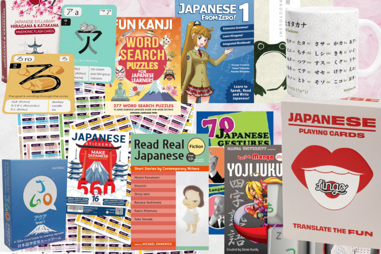 A collection of Japanese language learning books, games, flashcards, a mug, and stickers arranged on a flat surface—perfect gift ideas for people studying Japanese.