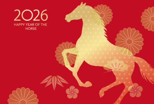 a Japanese new year's card featuring a gold horse silhouette with floral patterns on a red background, inspired by the Japanese zodiac. Text reads “2026 Happy Year of the Horse.”.
