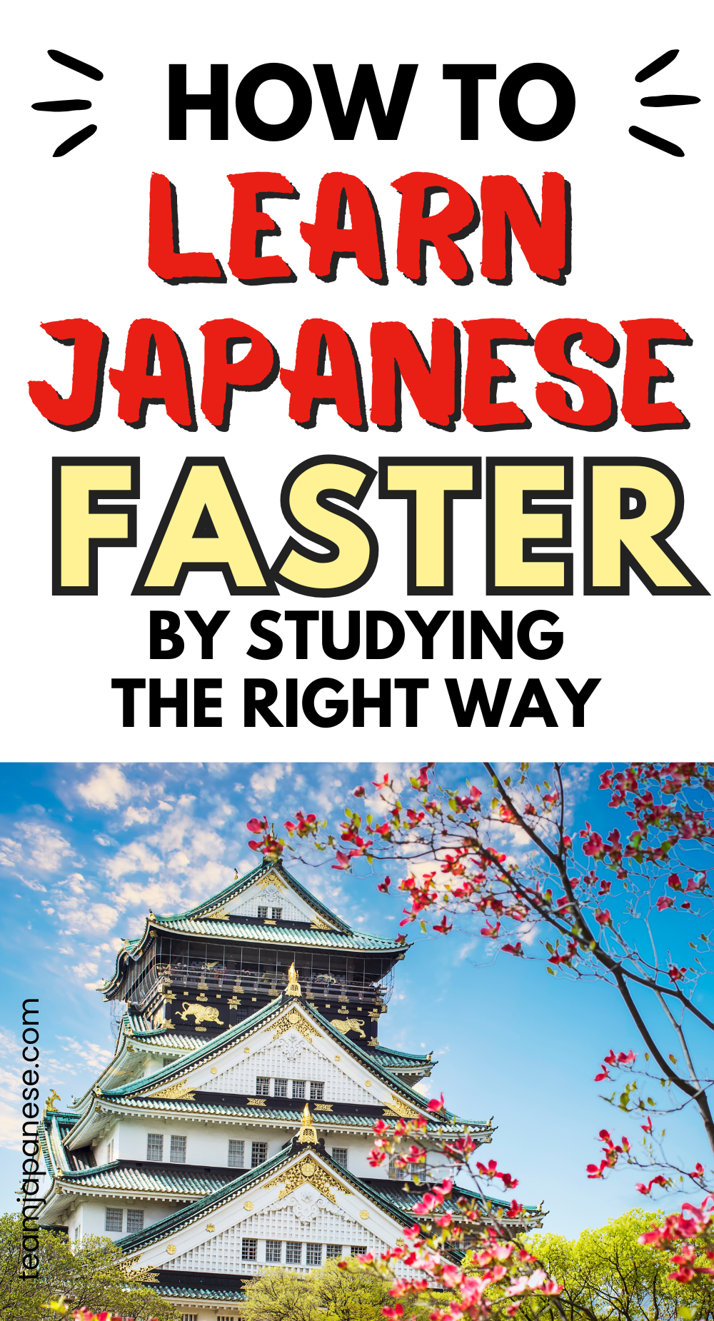 Text graphic reads "How to Learn Japanese Faster by Studying the Right Way" above a photo of a Japanese castle with cherry blossoms. Learning about language learning styles can enhance your study routine and help you learn Japanese more effectively.