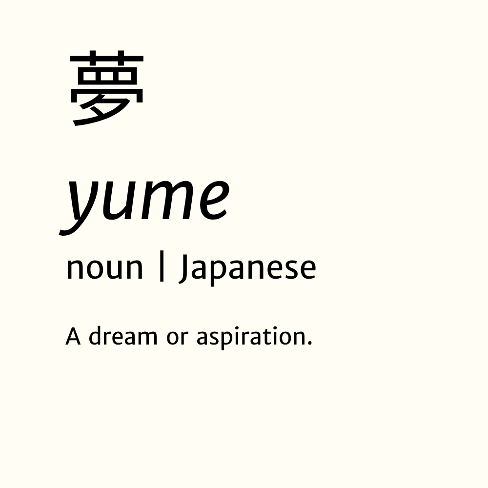 Black Japanese kanji “夢” with the word “yume,” labeled as a Japanese noun, defined as “A dream or aspiration,” on a plain light background.