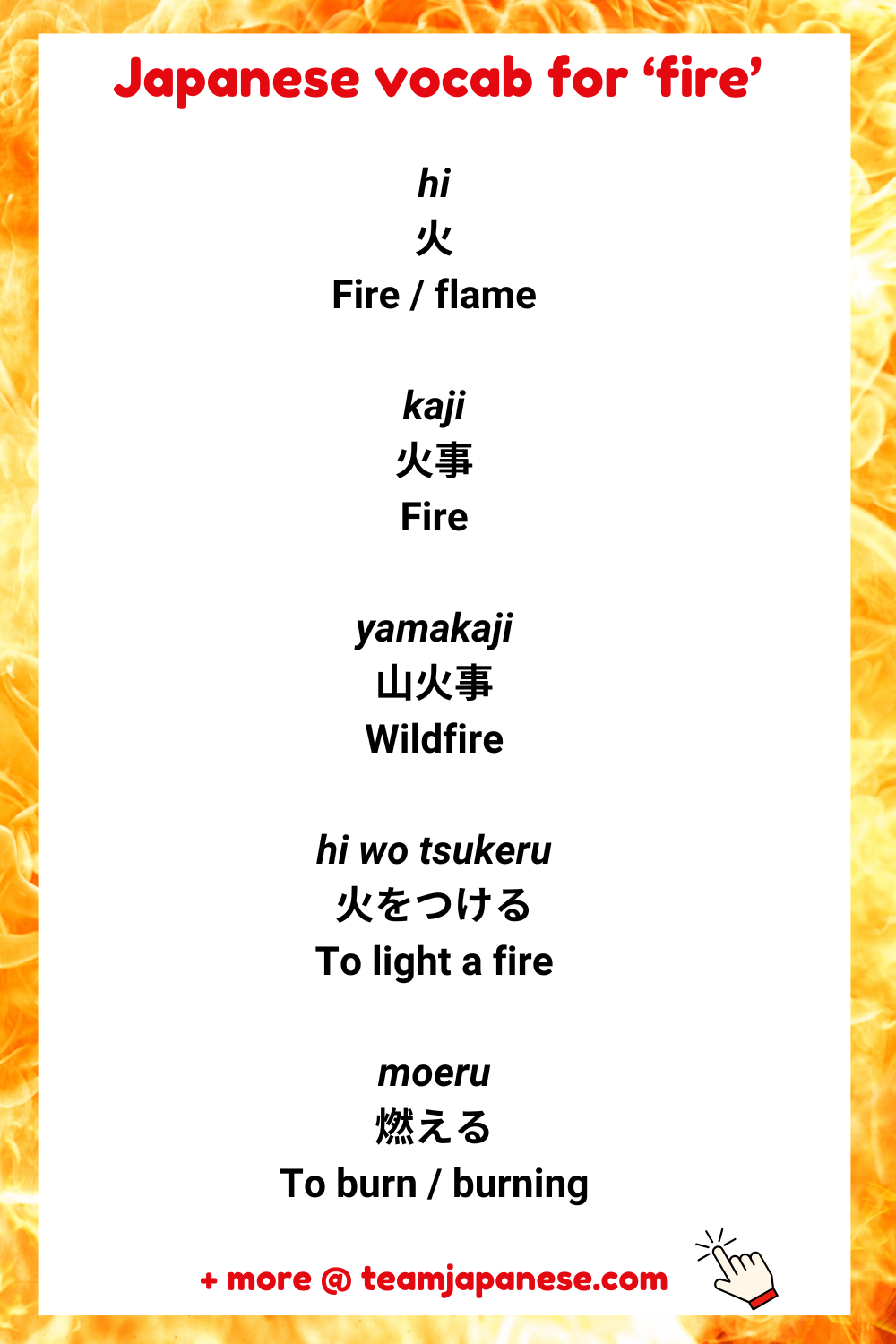 A vocab list titled "Japanese vocab for 'fire'" shows Japanese words and their English meanings related to fire, including how to say fire in Japanese, wildfire, lighting a fire, and burning.