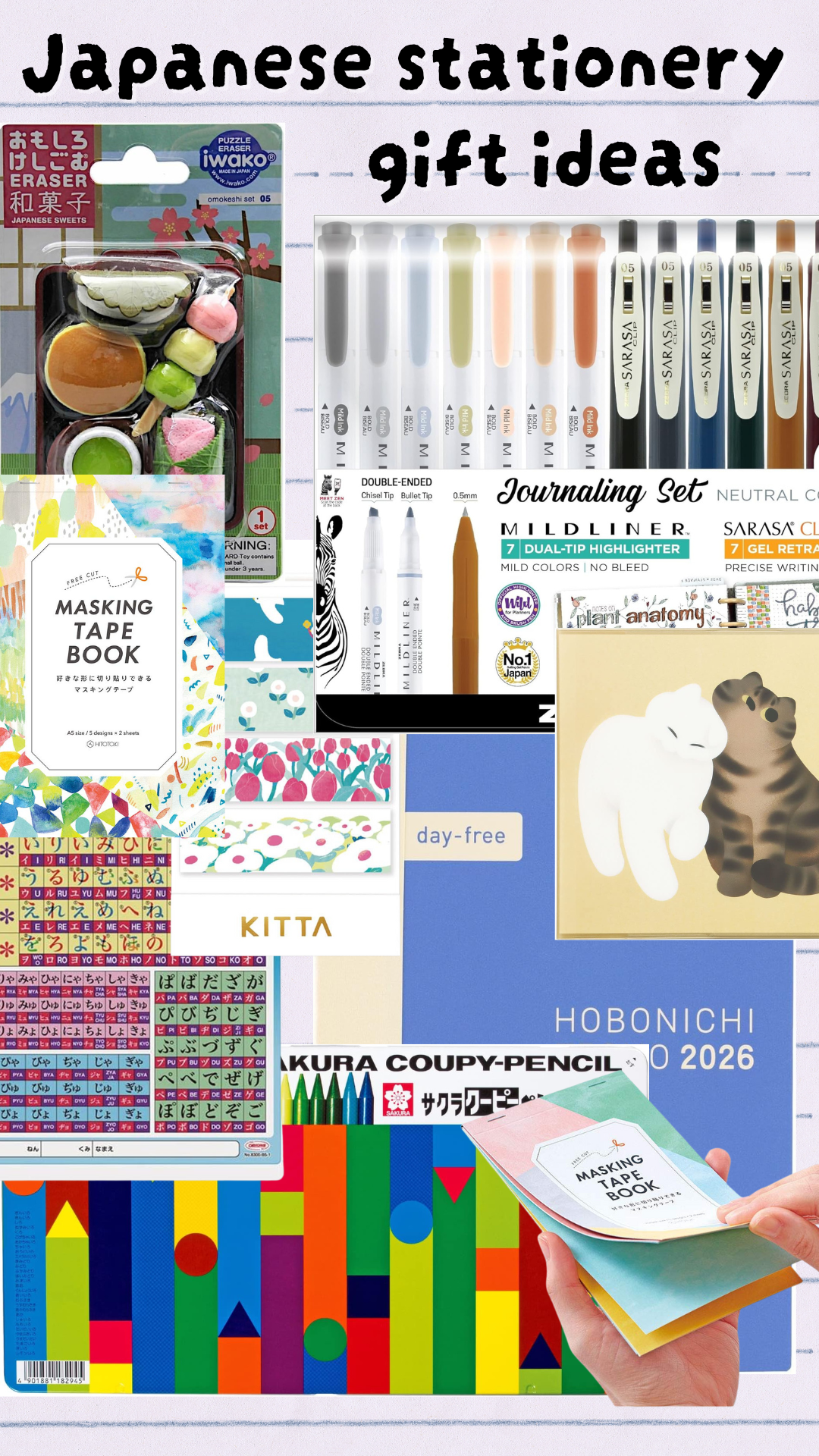 A collage of Japanese stationery gifts, including pens, erasers, masking tape, stickers, pencils, a planner, and a journaling set, titled “Japanese stationery gift ideas.”.