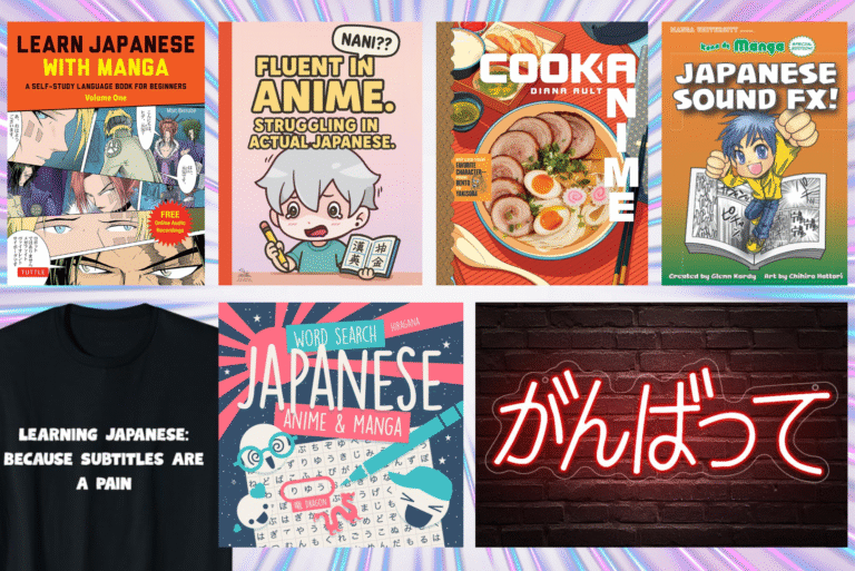 A collage of Japanese language learning books with manga or anime themes, plus a neon "がんばって" sign against a pastel striped background - unique gift ideas for anime fans.