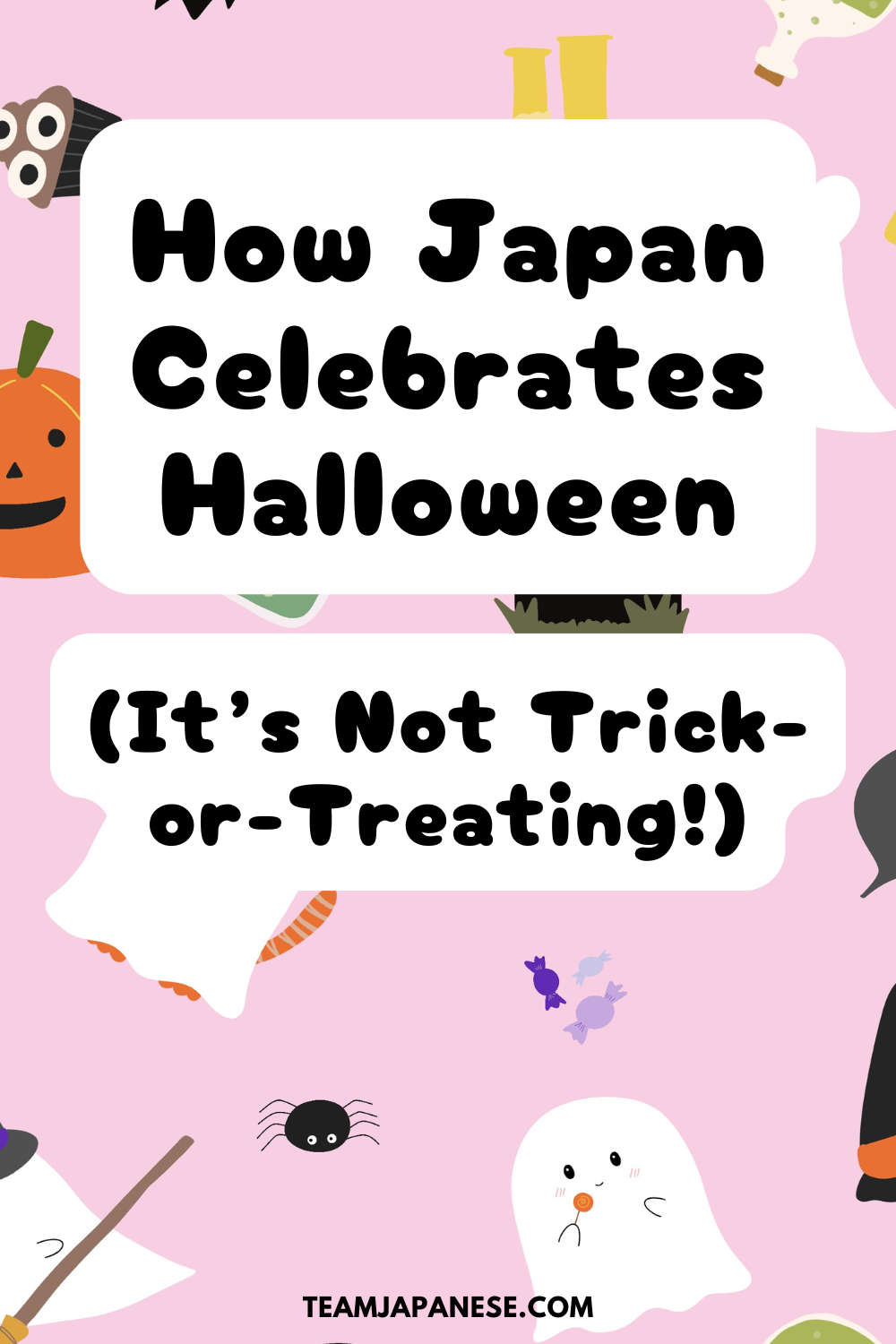 A pink background with cartoon Halloween icons and the text: How does Japan celebrate Halloween.