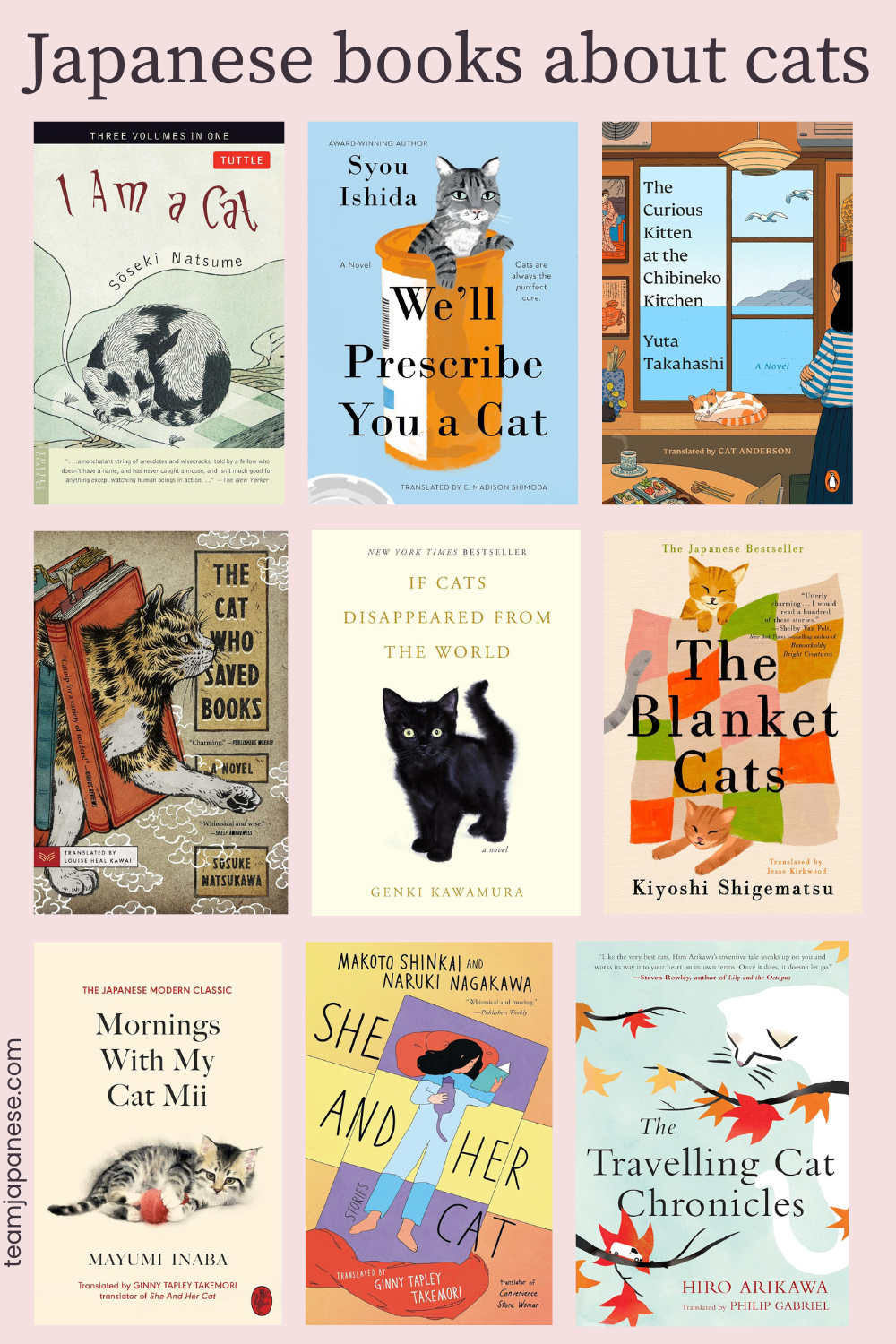 A collage of nine japanese books about cats, showcasing diverse cat illustrations, photos, and titles .
