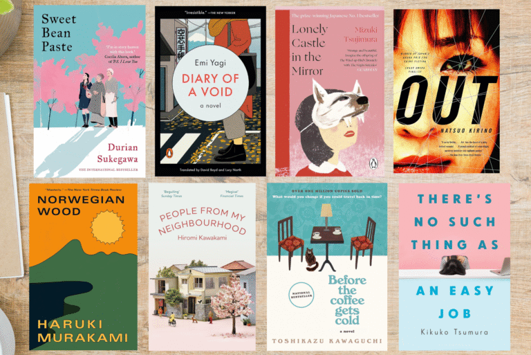 Eight Japanese books to read are arranged in two rows, each with distinct, colorful cover designs and titles visible, highlighting the rich world of Japanese literature.