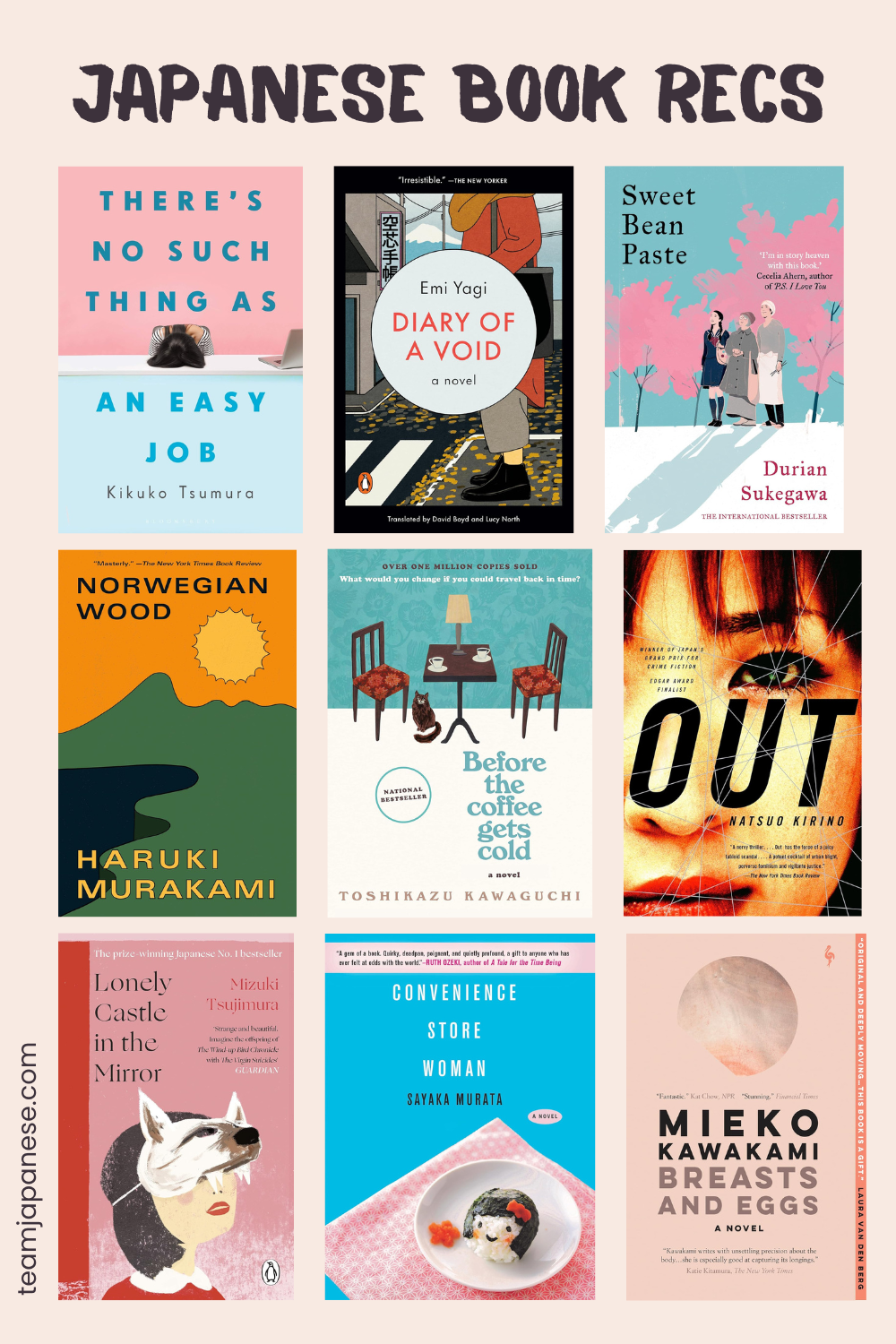 A collage of nine Japanese book covers, each with distinct colors and layouts, under the heading "Japanese Book Recs"—perfect for anyone seeking books to read from Japan.