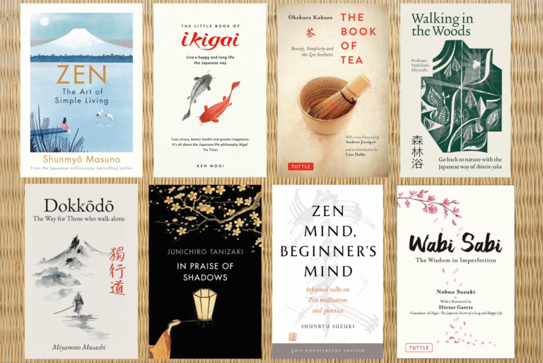 Eight books on Japanese philosophy, culture and lifestyle are arranged in two rows on a woven surface; titles include themes like Zen, ikigai, wabi sabi, tea, and mindfulness.