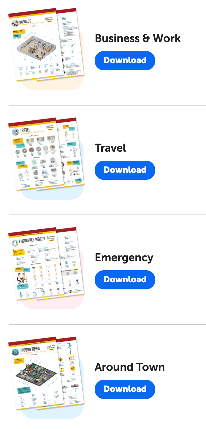 Four illustrated Japanese vocabulary sheets labeled Business & Work, Travel, Emergency, and Around Town, each with a blue "Download" button beside them - just some of the japanesepod101 free pdf selection.