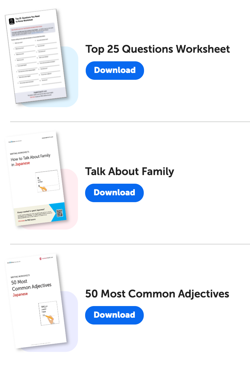 Screenshots of three downloadable Japanese worksheets are shown: "Top 25 Questions Worksheet," "Talk About Family," and "50 Most Common Adjectives," each with a blue "Download" button - these are some of the japanesepod101 free resources.