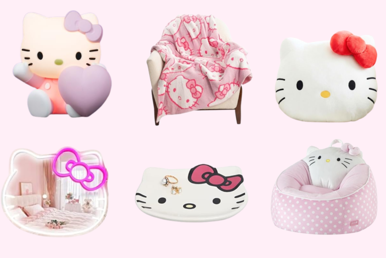 Six Hello Kitty-themed items—lamp, blanket on chair, pillow, mirror, tray, and a pink polka dot chair—are arranged on a light pink background, perfect for adding adorable Hello Kitty room decor to any space.
