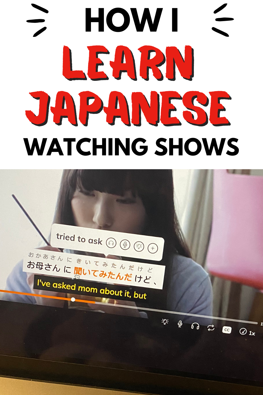 A computer screen displays a Japanese TV show with English and Japanese subtitles. Text above the image reads, "How I learn Japanese watching shows." Check out my Lingopie Japanese review for more tips on learning this way.