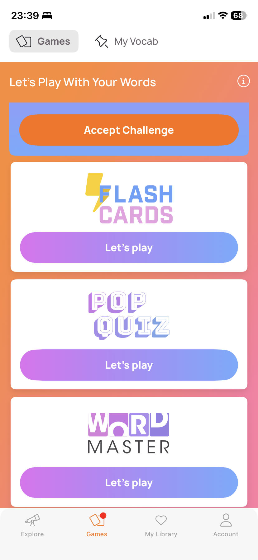 A mobile app screenshot of the lingopie app displays three word games: Flash Cards, Pop Quiz, and Word Master.