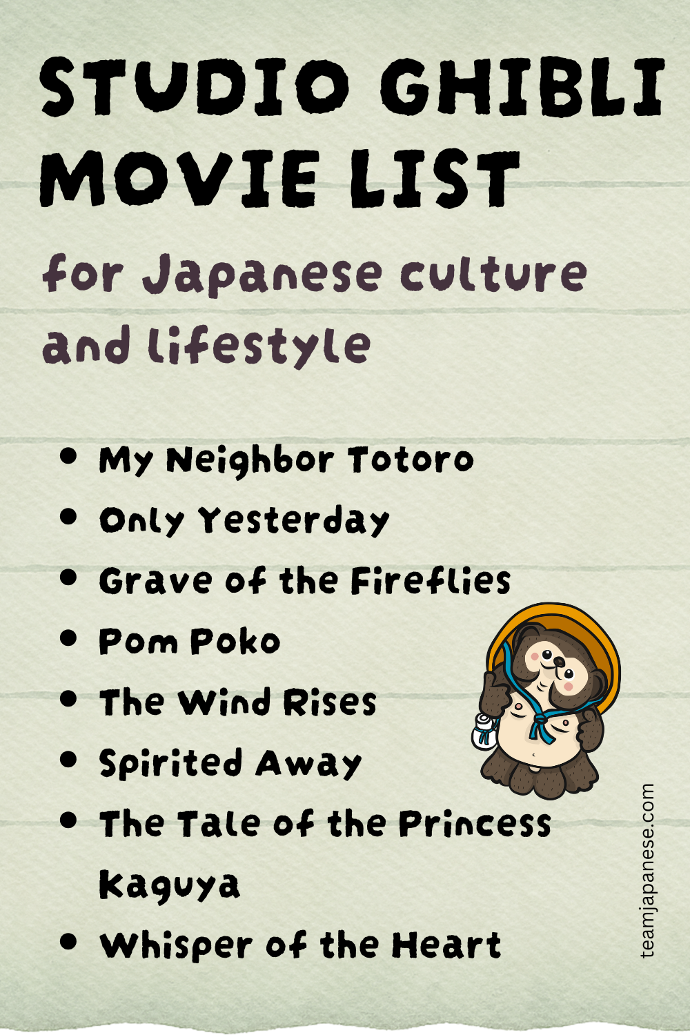 A list of ghibli movies set in Japan for Japanese culture and lifestyle, featuring seven film titles and a small illustration of a tanuki.