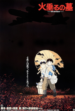 Japanese Studio Ghibli movie poster for Grave of the Fireflies. Two children, a boy and a girl, stand under an umbrella with supplies, set against a dark background with a plane overhead and Japanese text at the top.