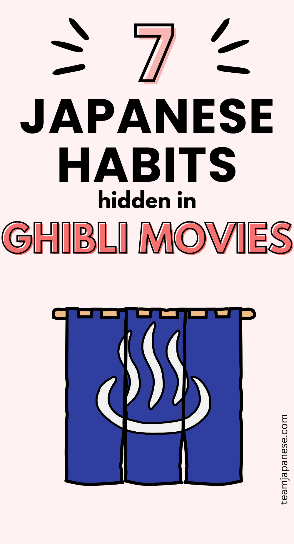Text reads "7 Japanese Habits hidden in Ghibli Movies" above a blue noren curtain with a hot spring symbol.