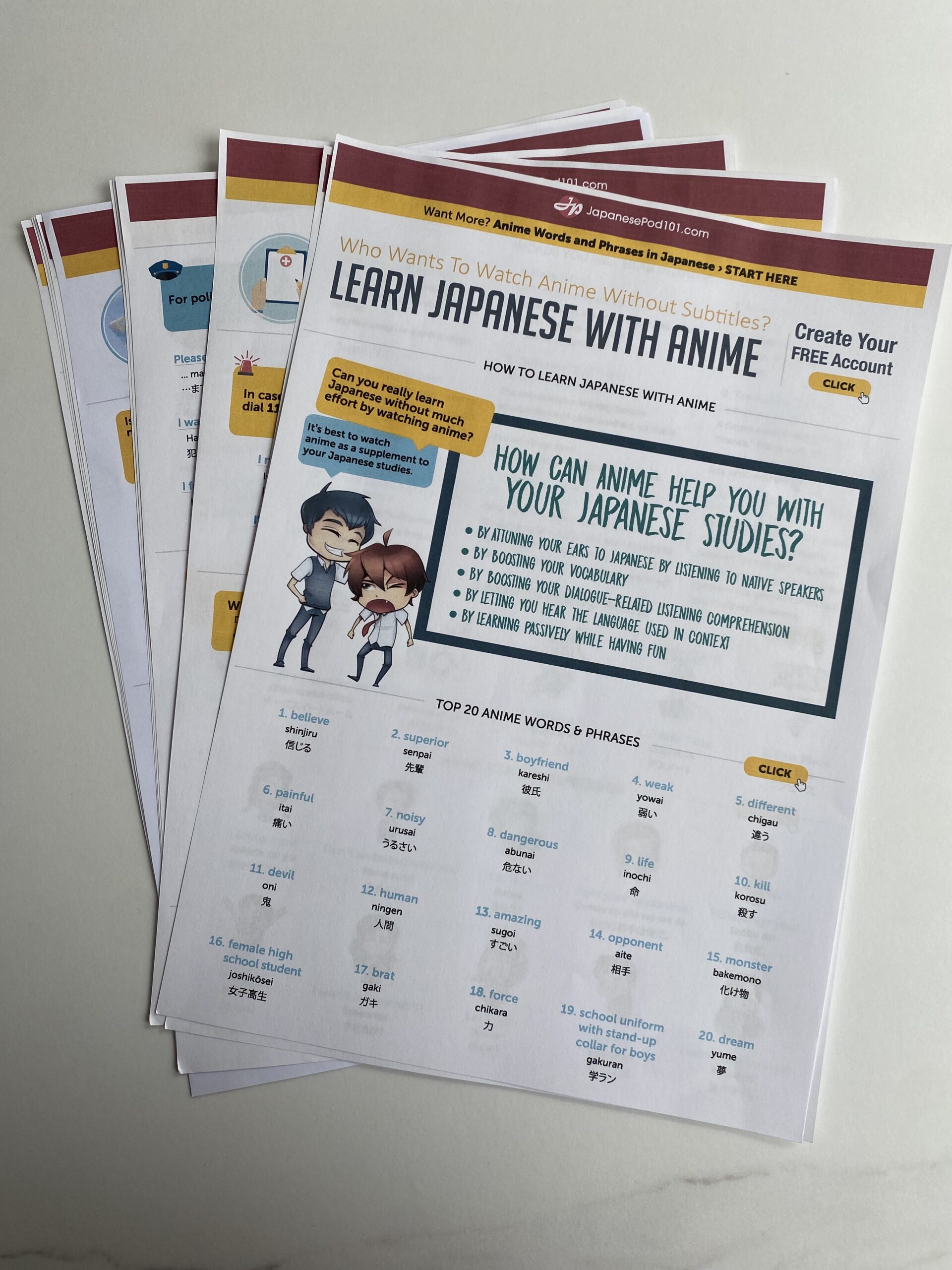 A stack of printed worksheets titled "Learn Japanese With Anime," featuring cartoon characters, learning tips, and a list of top 20 anime words and phrases with translations—perfect as printable PDF Japanese Cheat Sheets for easy studying.
