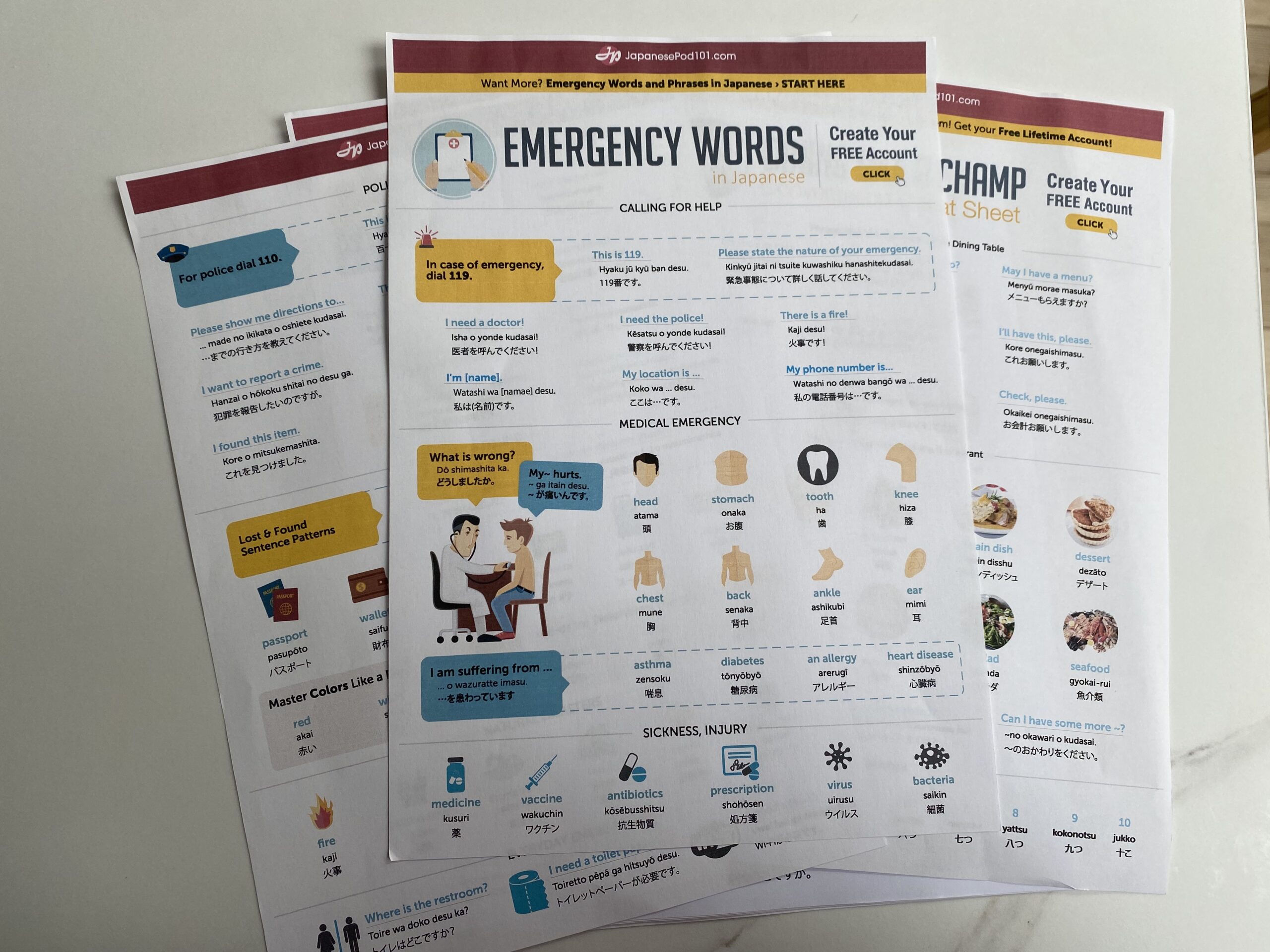 Three printed Japanese Cheat Sheets lay on a table, with the top sheet titled "Emergency Words in Japanese," featuring phrases, illustrations, and vocabulary—perfect printable PDF study guides for quick language help.