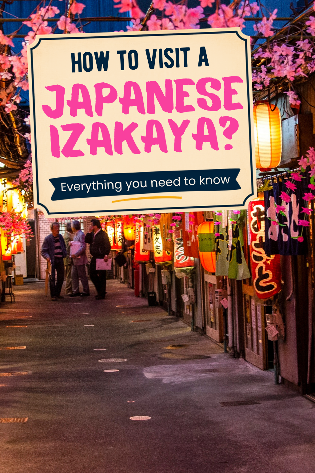 A narrow street lined with colorful lanterns and signs, cherry blossom decorations overhead, and people standing outside izakaya bars.
