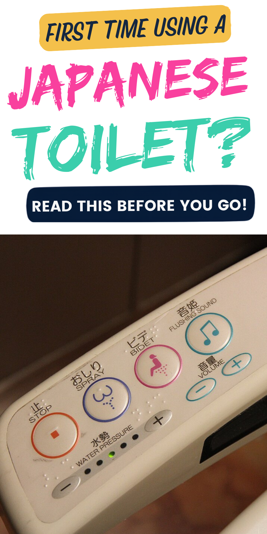 Close-up of Japanese toilet control panel with labeled buttons for stop, water spray, bidet, and flush sound.