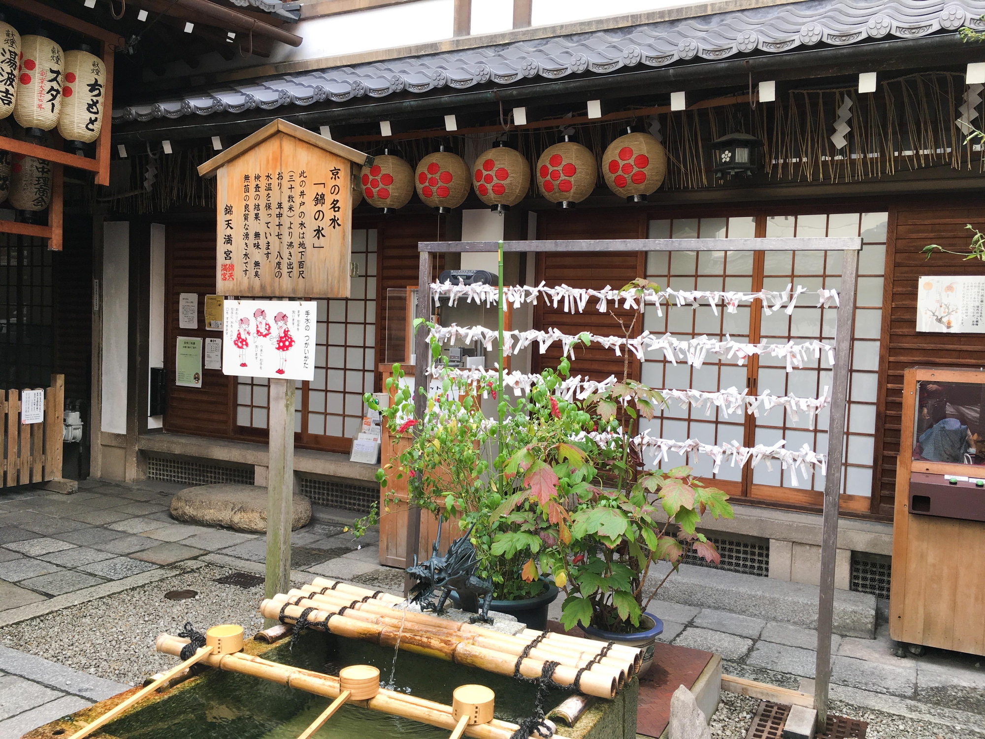 A Shinto shrine courtyard with lanterns, a bamboo water basin, a dragon spout, paper fortunes tied to racks, and a wooden sign with Japanese text guides visitors on proper temple etiquette during their visit shrine Japan.