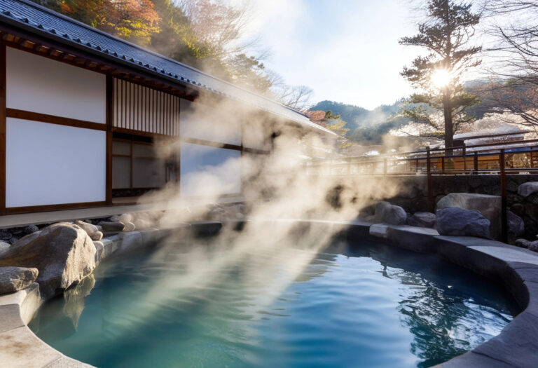 Steam rises from an outdoor Japanese onsen with stone edges, surrounded by traditional wooden buildings and trees under sunlight.
