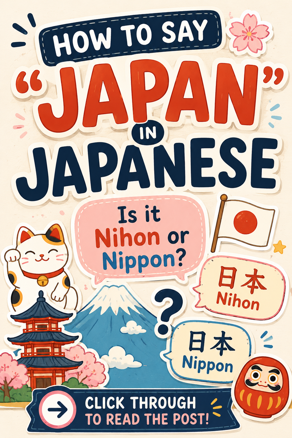 Colorful infographic asking if “Japan” in Japanese is “Nihon” or “Nippon,” featuring icons like a maneki-neko, Mt. Fuji, a pagoda, the Japanese flag, and the phrase “Japan in Japanese” alongside authentic Japanese text.
