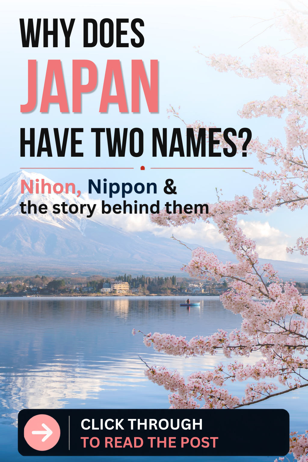Text graphic with Mount Fuji, cherry blossoms, and a lake, reading: “Why does Japan have two names? Nihon, Nippon & the story behind them” Button: “Click through to read the post.”.