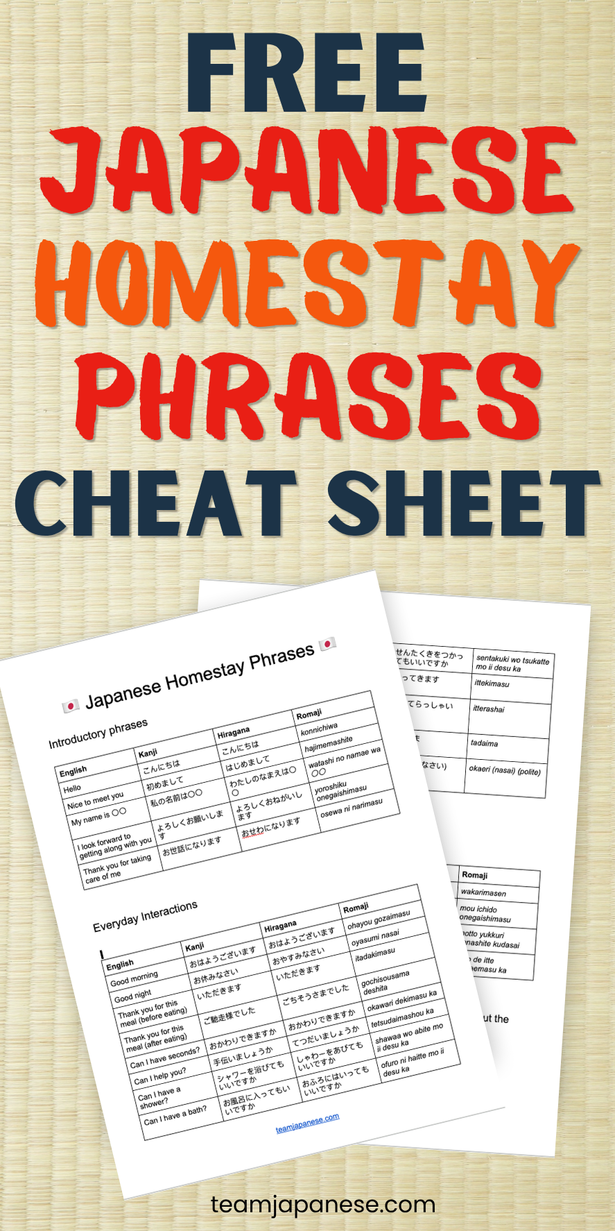 Two Japanese homestay phrases cheat sheets with English and Japanese text on a tatami mat background. Text reads “Free Japanese Homestay Phrases Cheat Sheet.”.